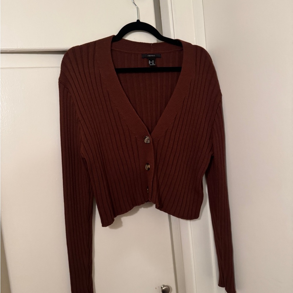Brown Ribbed Cardigan Sweater